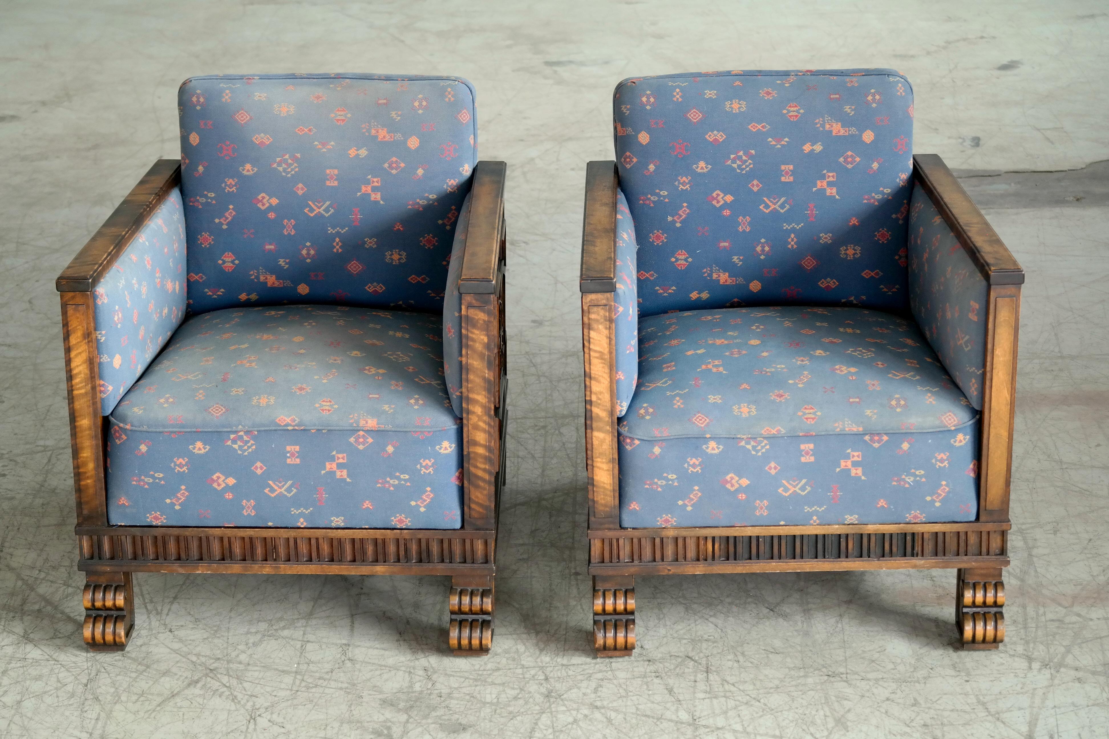 Axel Einar Hjorth Pair of Lounge or Club Chairs in Flamed Birch, Sweden, 1930s 3