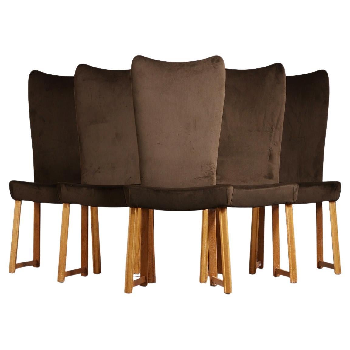 Axel Einar Hjorth Ensemble de six chaises à haut dossier en Oak Oak et velours brun, années 1930 en vente