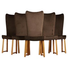 Axel Einar Hjorth Ensemble de six chaises à haut dossier en Oak Oak et velours brun, années 1930