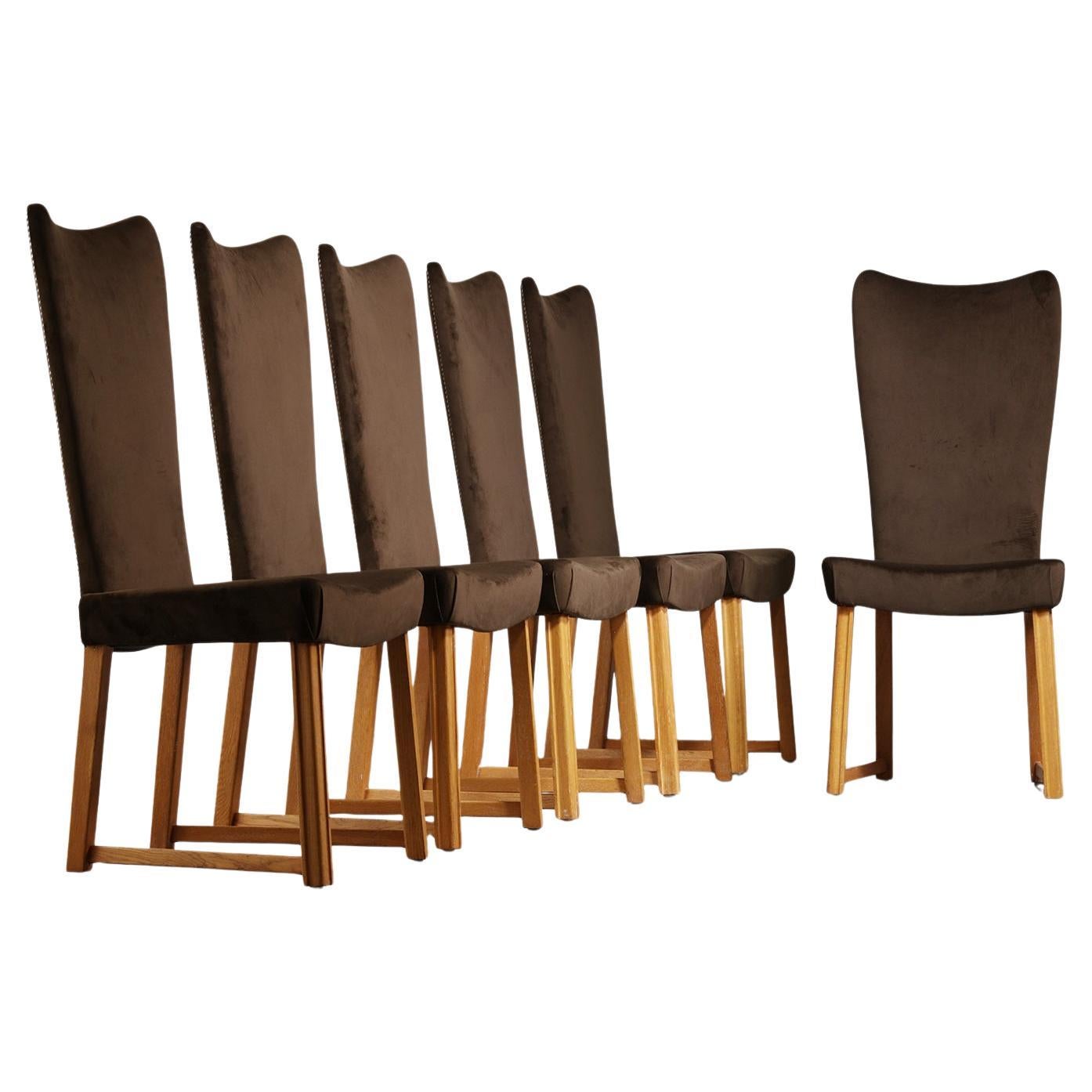 Set di sei sedie con schienale alto in Oak e velluto marrone di Axel Einar Hjorth, 1930