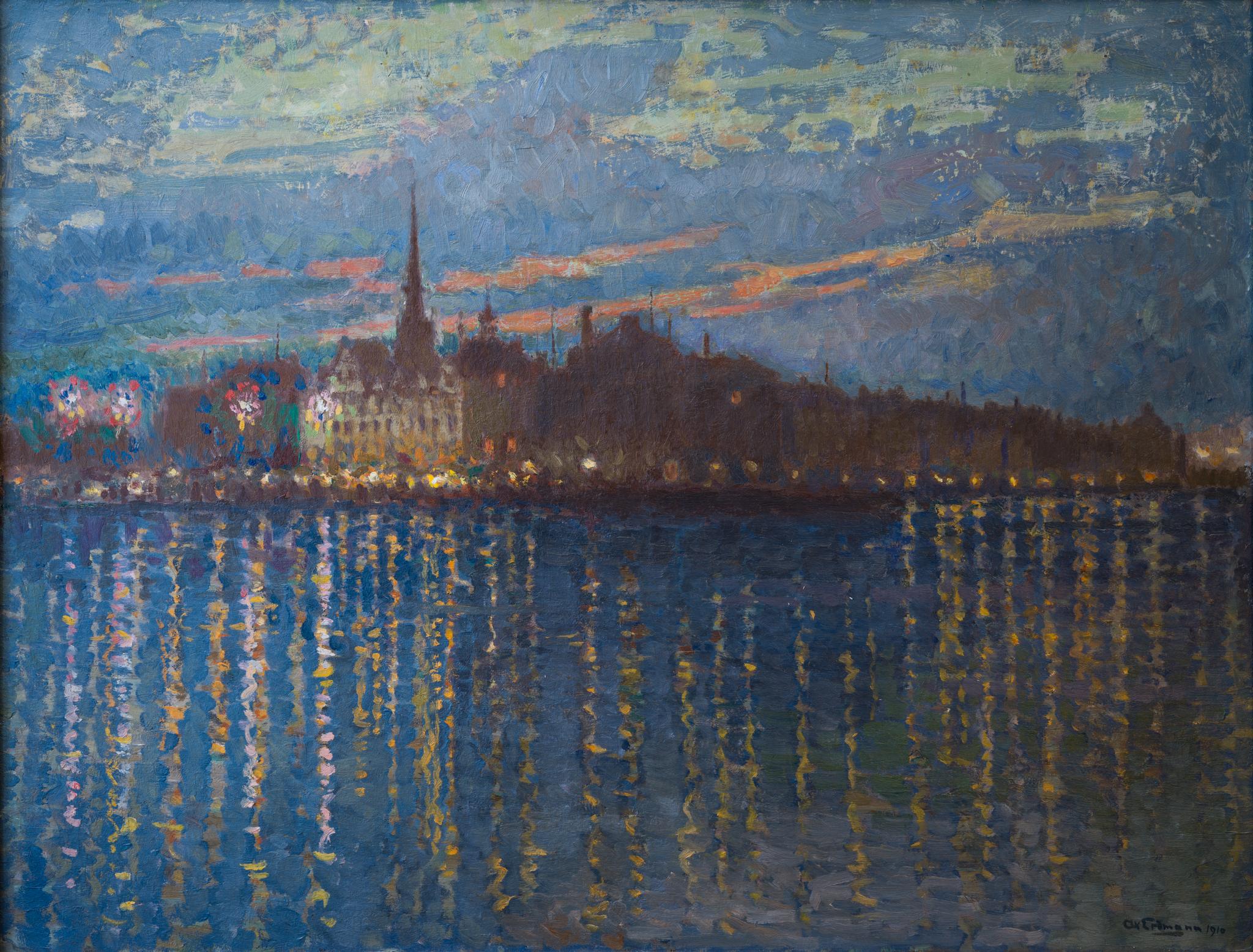 Pointillismus-Stadtansicht über Gamla Stan, Stockholm, 1910 – Painting von Axel Erdmann
