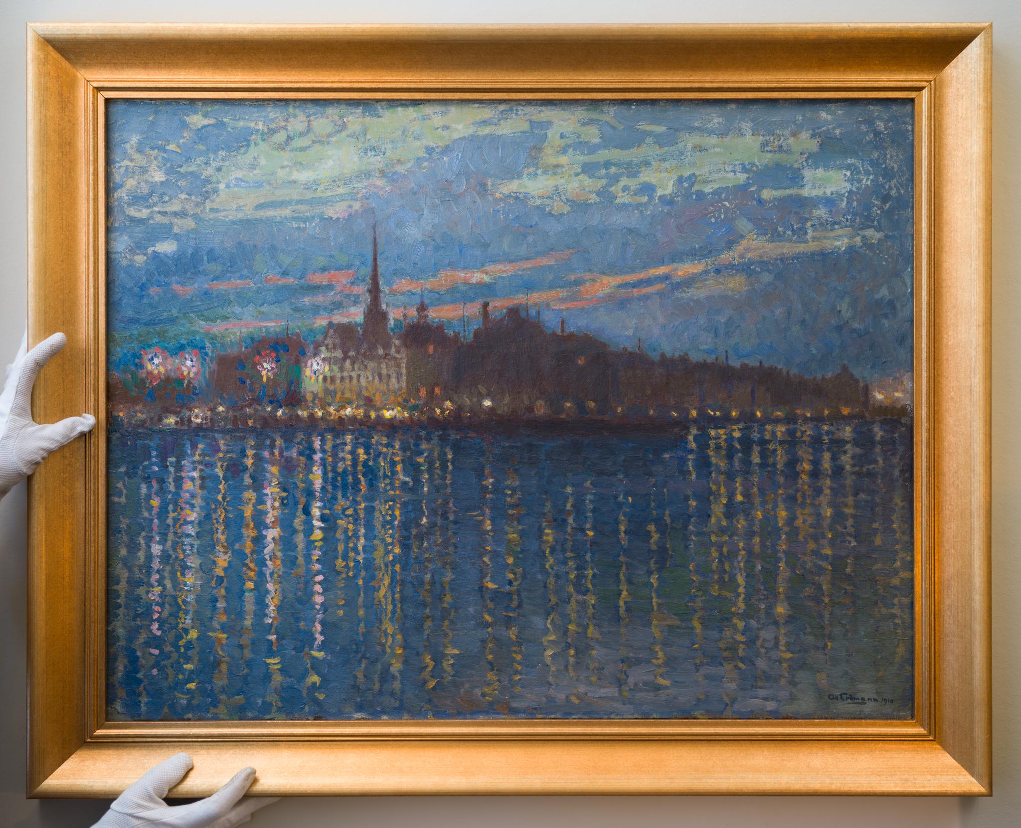 Pointillismus-Stadtansicht über Gamla Stan, Stockholm, 1910 im Angebot 1
