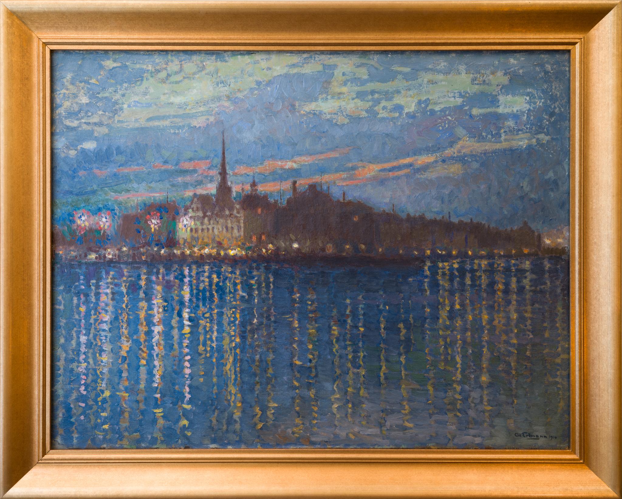 Axel Erdmann Figurative Painting – Pointillismus-Stadtansicht über Gamla Stan, Stockholm, 1910