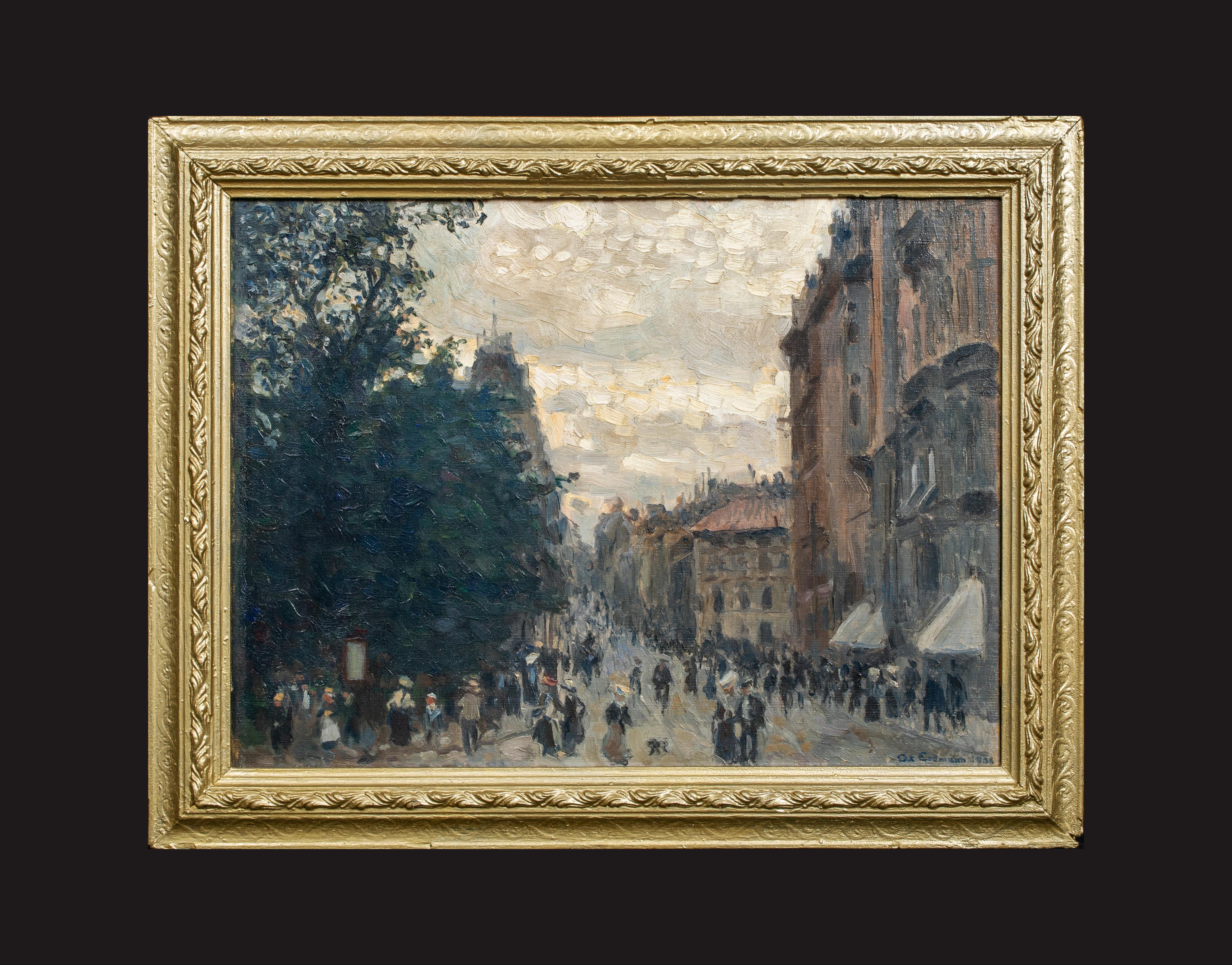 Street Scene, Stockholm, Sweden, circa 1900 - Painting by Axel Erdmann