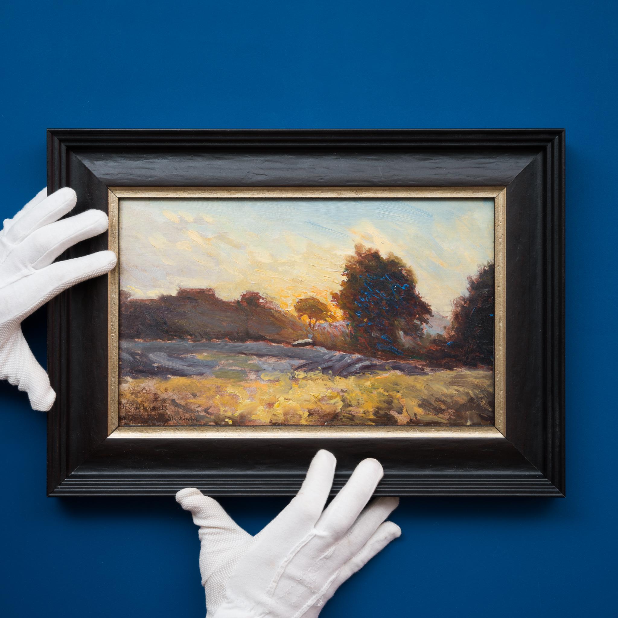Ein atemberaubendes Ölgemälde mit dem Titel Sommerabend am Vanadisvägen, Stockholm – Painting von Axel Fahlcrantz