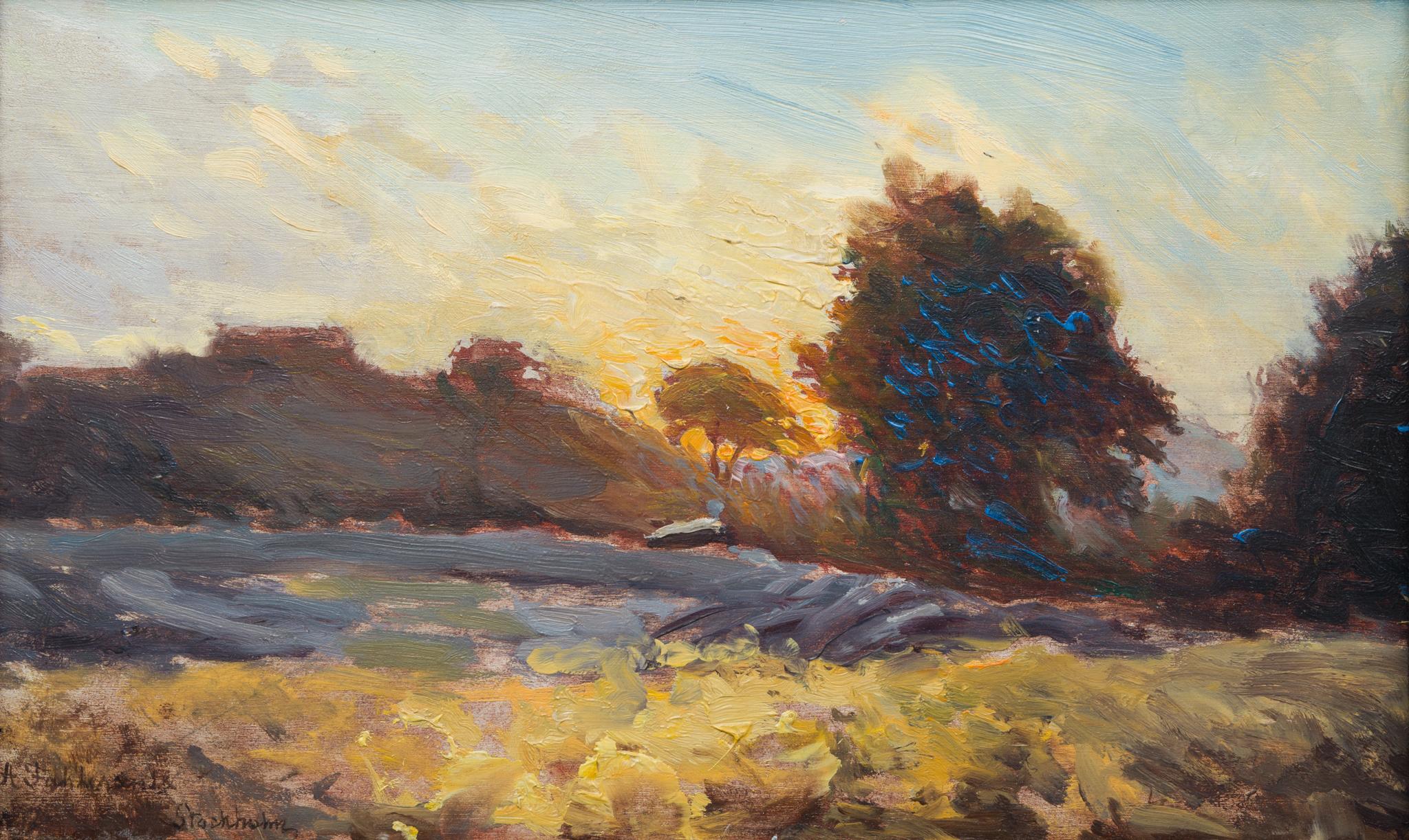 Ein atemberaubendes Ölgemälde mit dem Titel Sommerabend am Vanadisvägen, Stockholm (Impressionismus), Painting, von Axel Fahlcrantz