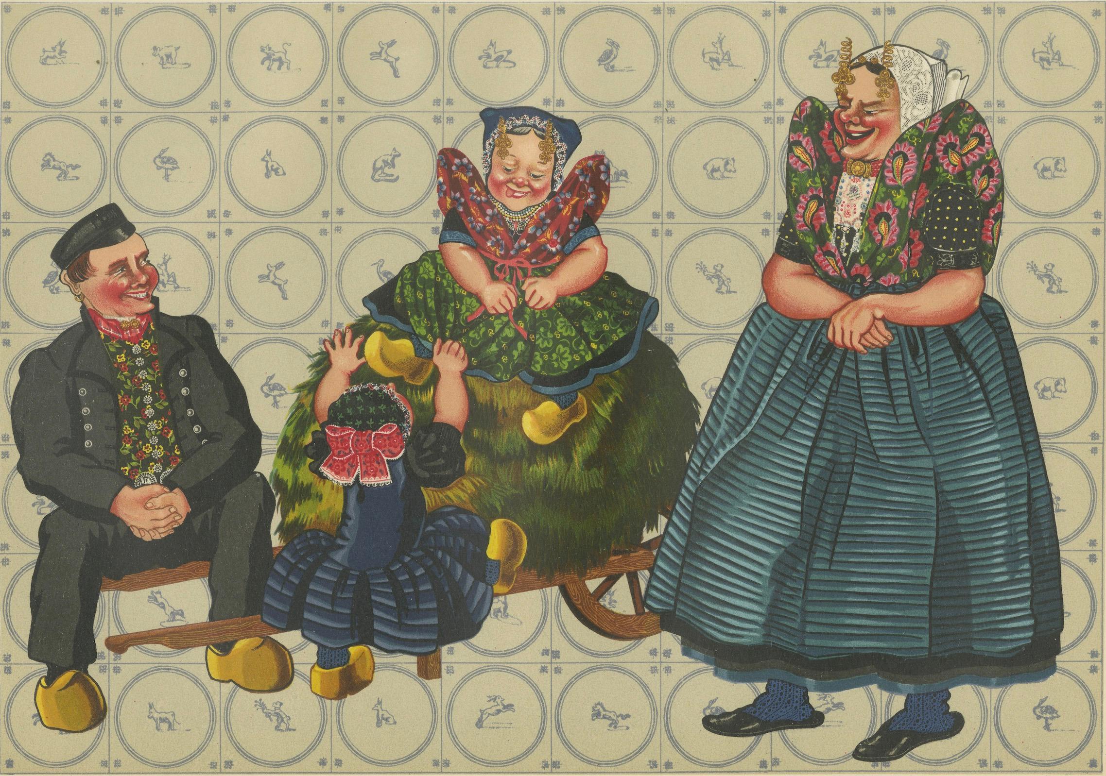Familie Axel in Tracht, Seeland-Flandern, 1930er Jahre Lithographie im Angebot 1