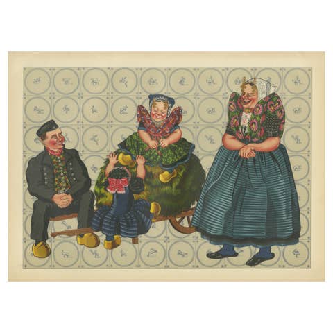 Axel Family in Traditional Costume, Zeeland-Flanders, 1930s Lithograph