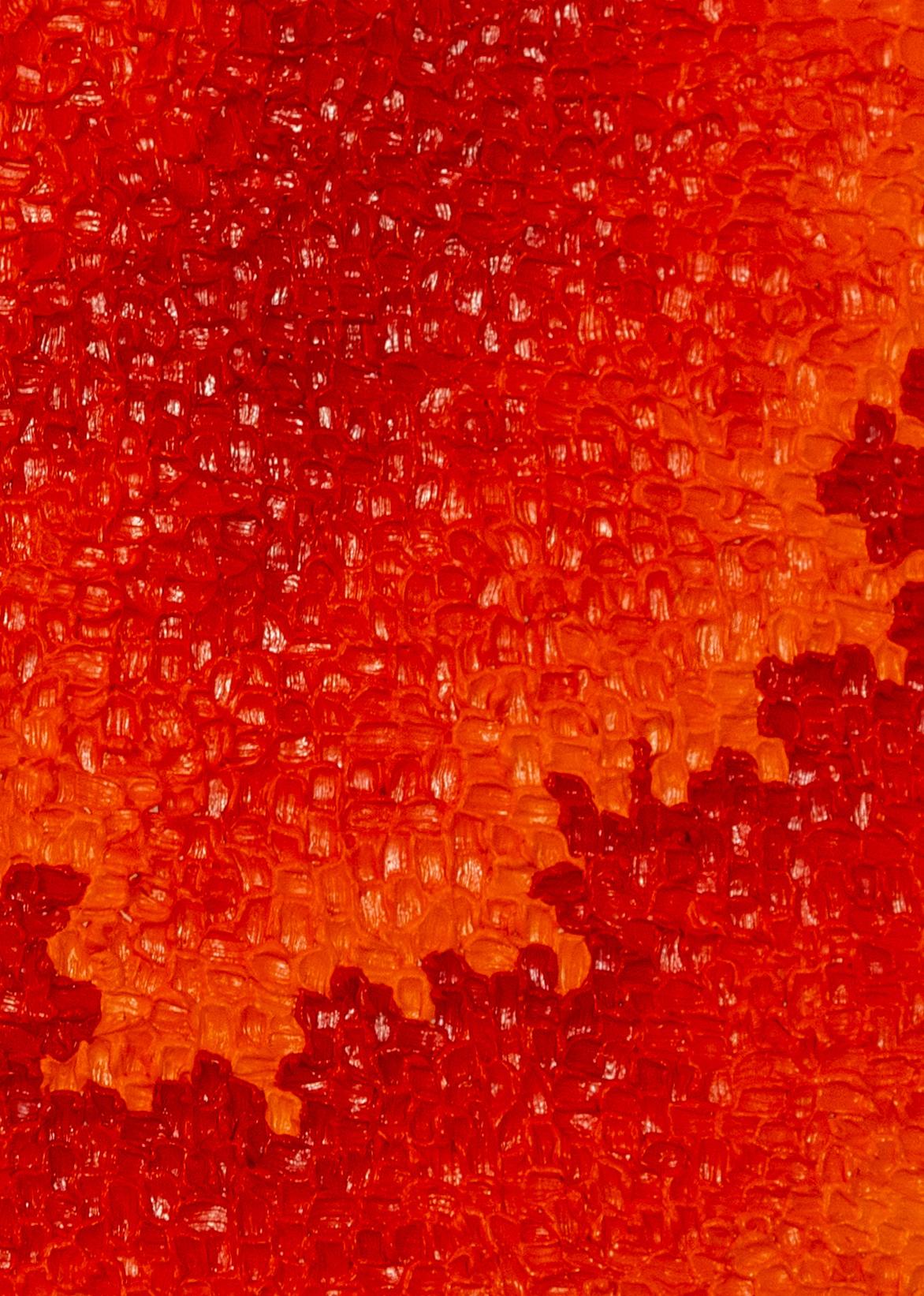 Titled 'Heatwave', this striking abstract tondo oil painting captures the intense, altered beauty of our contemporary environment. Fiery gradations of red and orange pulse across the circular canvas, rendered in a heavy impasto technique.

The