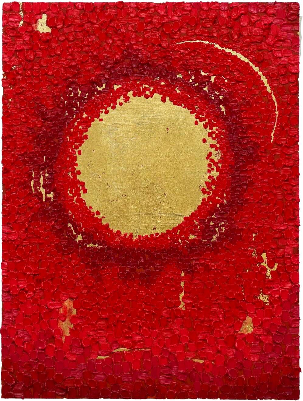 Icone: Pittura contemporanea astratta con foglia d'oro e impasto rosso - Pannello di Wood