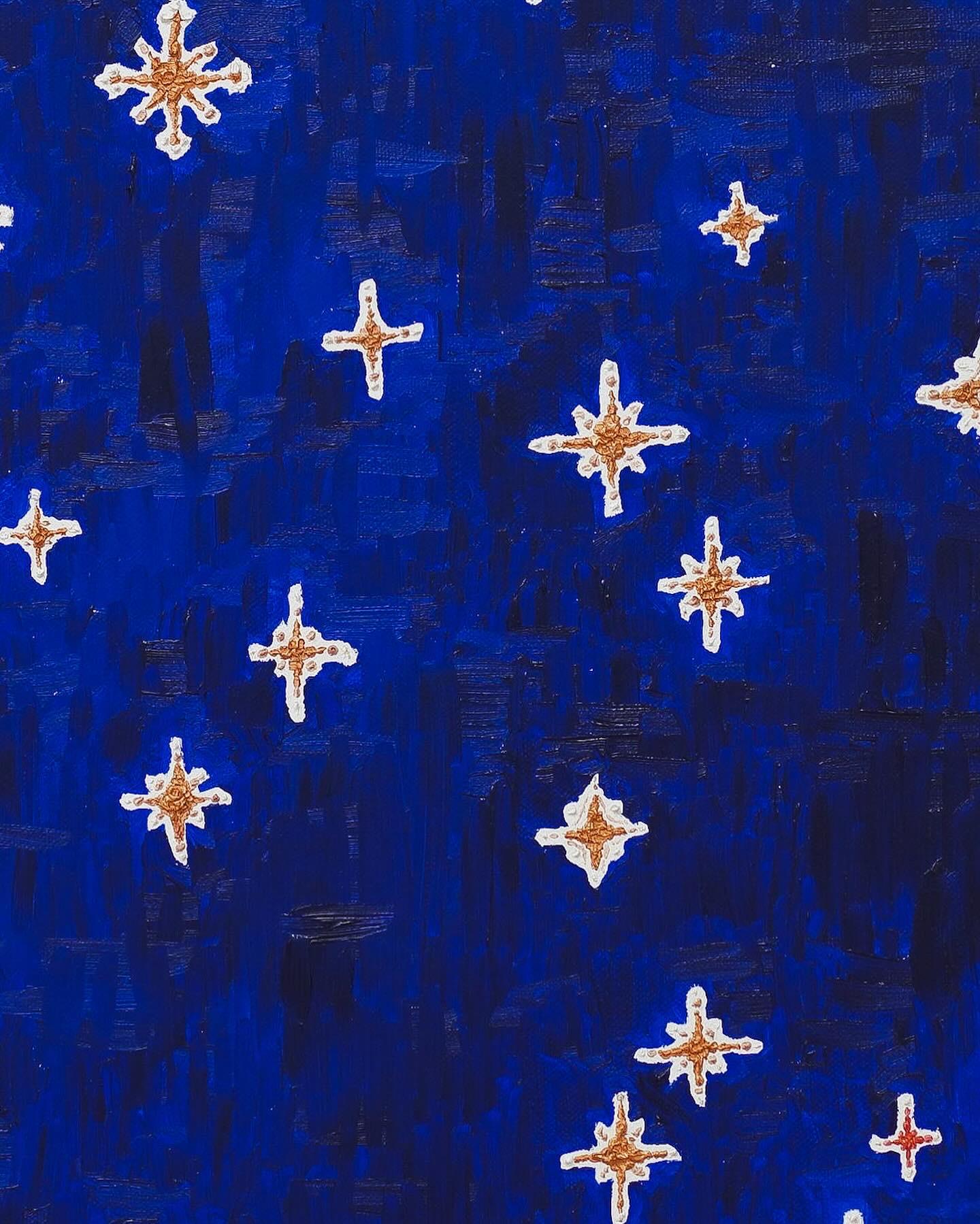 Ode a Giotto, pittura a olio con sfondo blu e stelle oro e arancione - Painting di Axel Getz