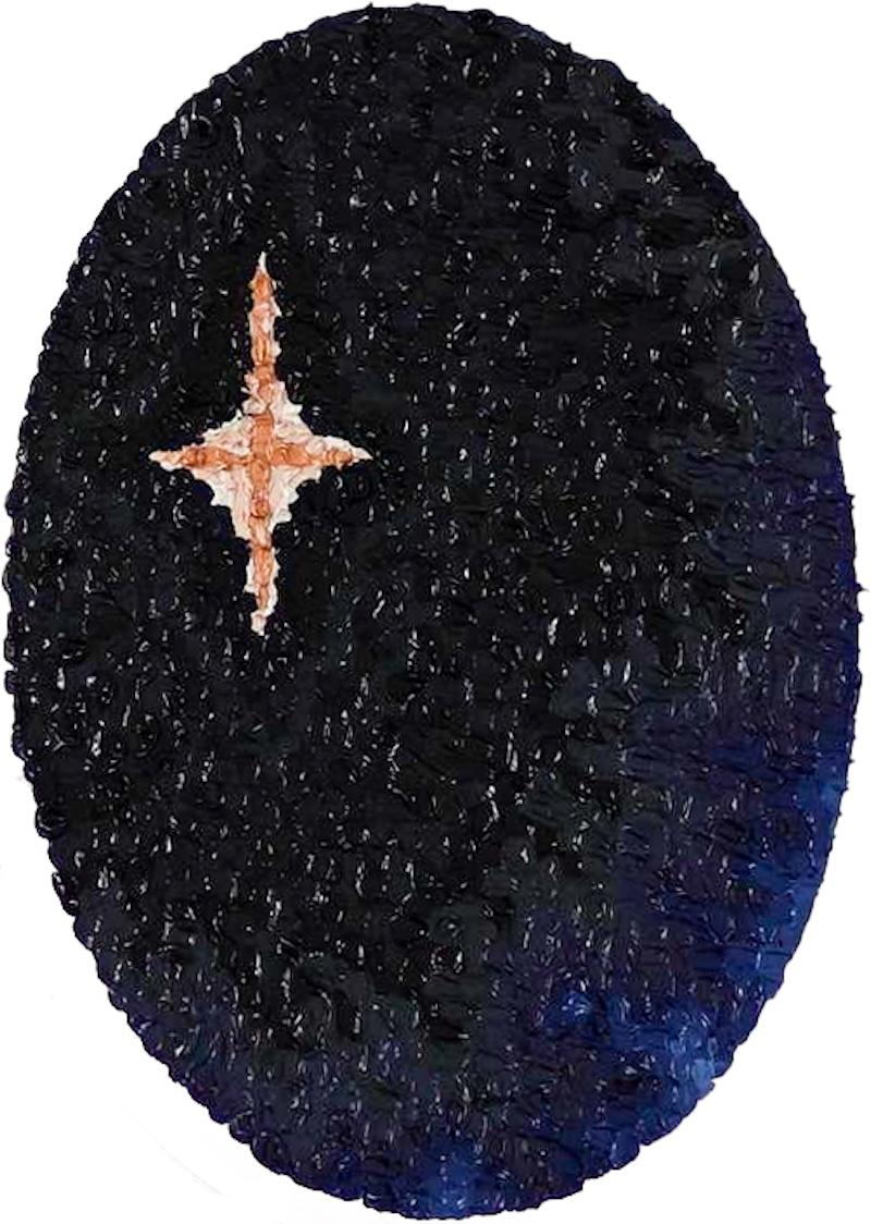 Axel Getz Abstract Painting – Polaris - Ölgemälde auf Tondo in Schwarz, Gold und Mitternachtsblau, katholisch