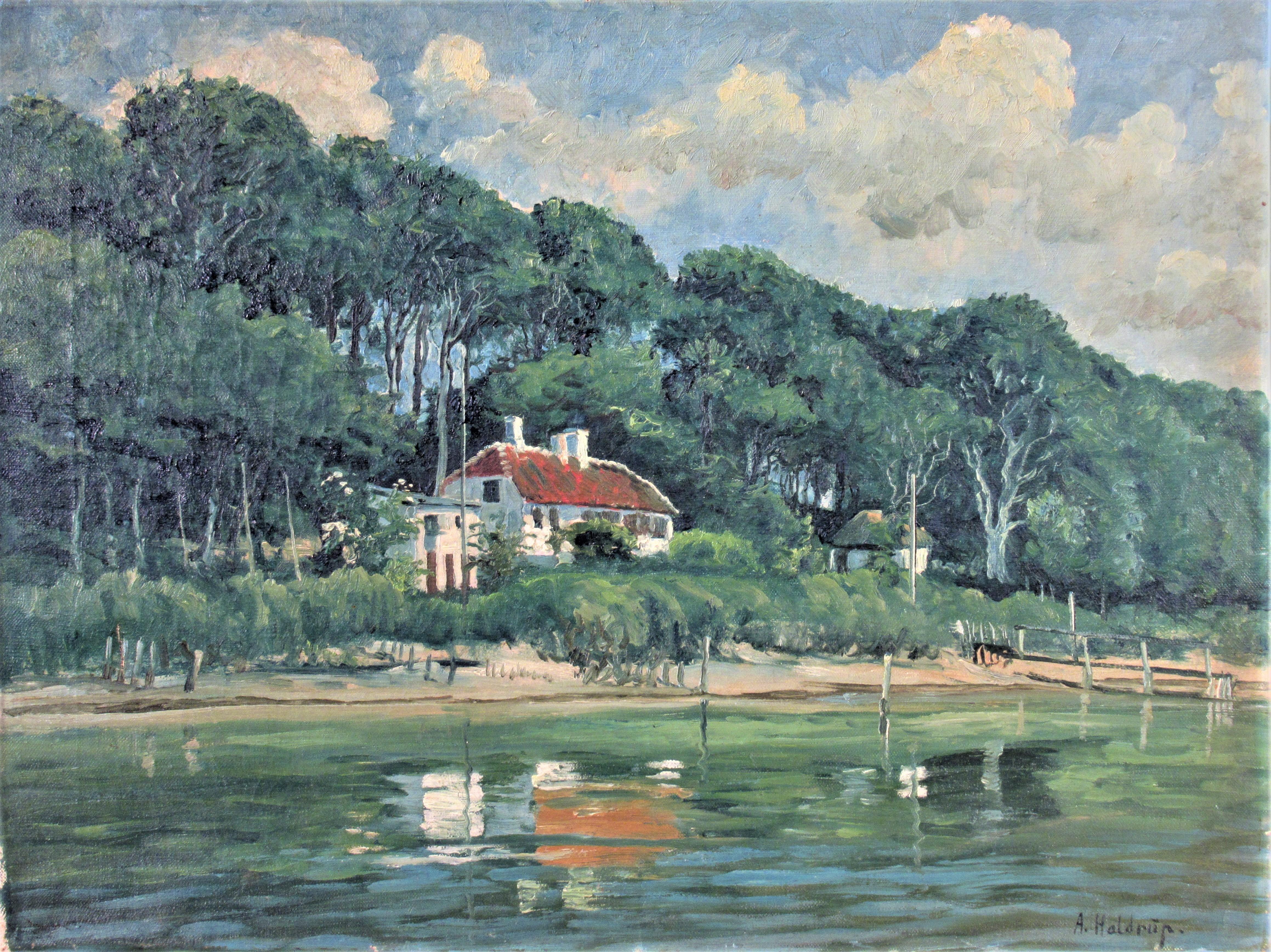 Landlandschaft mit Haus (Grau), Landscape Painting, von Axel Haldrup