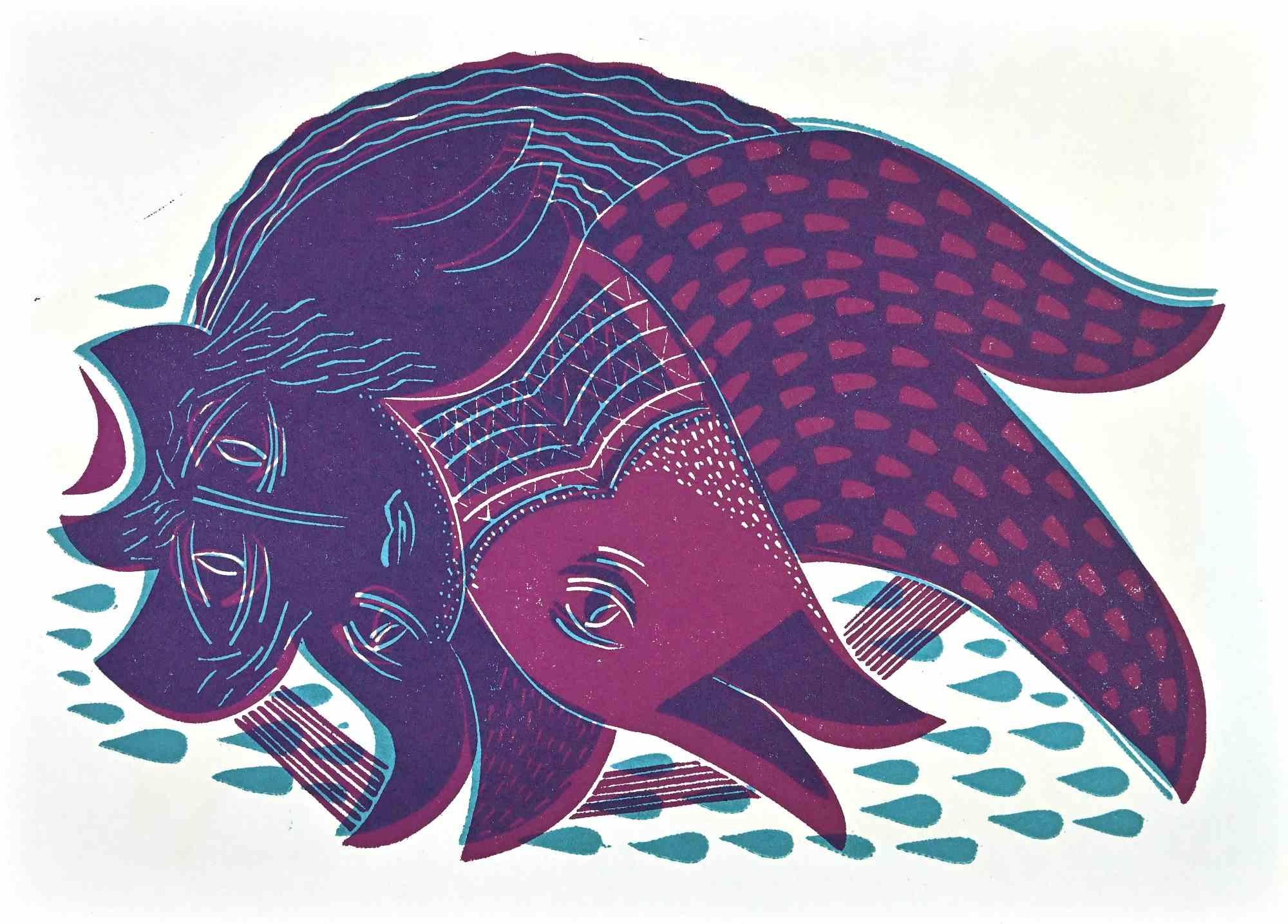 Creatures is a screen print realized by Axel Hartenstein in the mid-20th Century.

From the edition of 292 prints.

In good condition.

The artwork is depicted through vivid violet tone colors with soft strokes in a well-balanced composition,