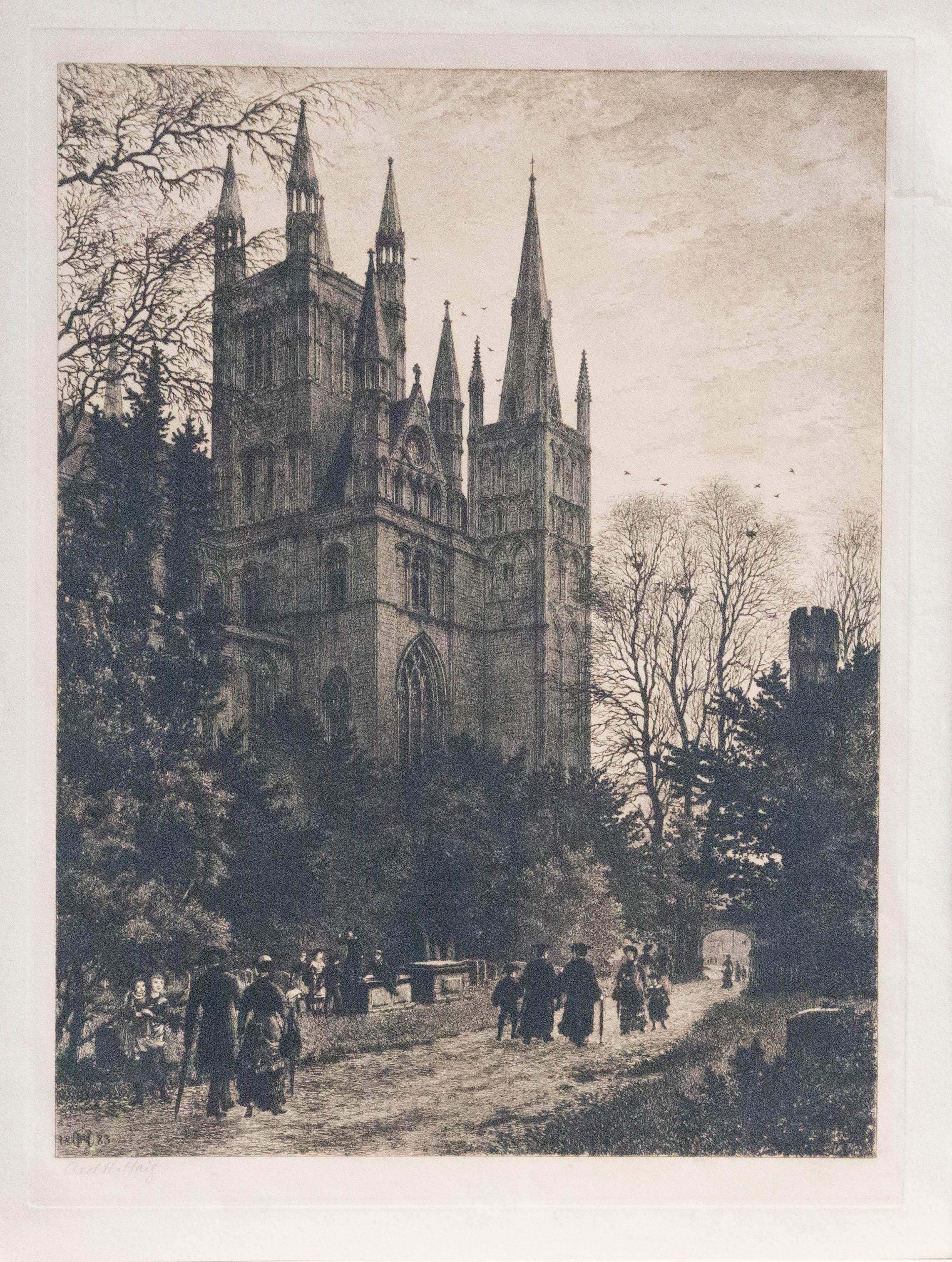 An accomplished etching depicting the exterior view of Peterborough Cathedral. The artist has signed to the lower left and and monogrammed and dated the image within the plate. On wove.
