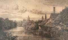 Axel Holm 1899 Etching of a Danish Town Canal Landscape