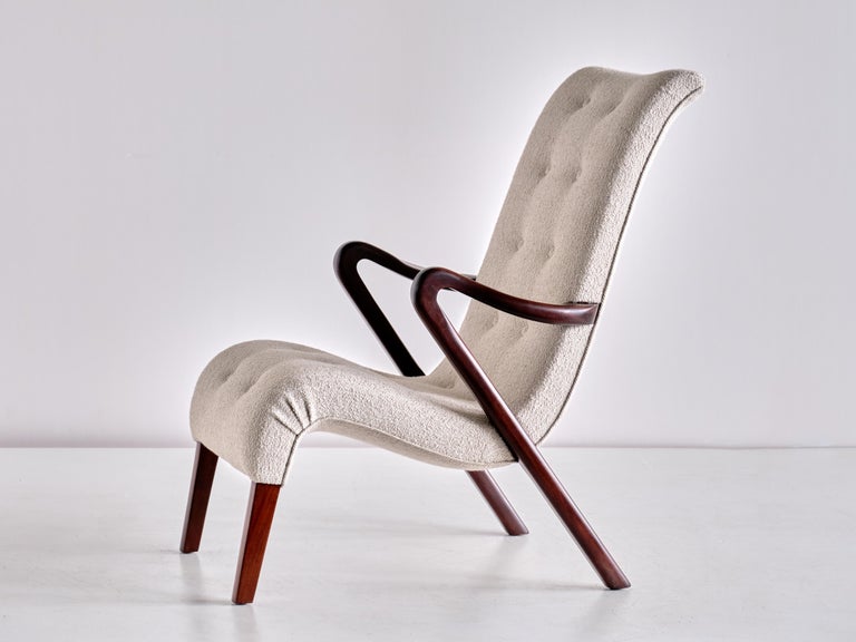 Axel Larsson Armchair in Bouclé and Mahogany, Sweden, 1940s For Sale 4