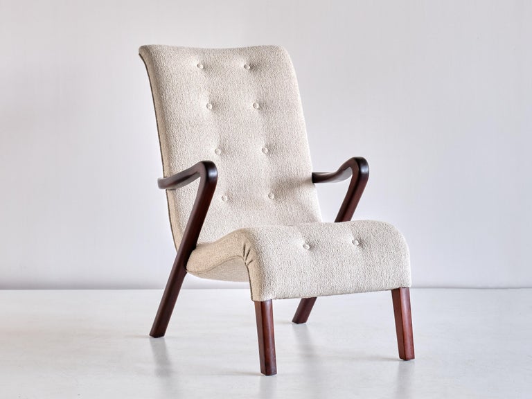 Scandinavian Modern Axel Larsson Armchair in Bouclé and Mahogany, Sweden, 1940s For Sale