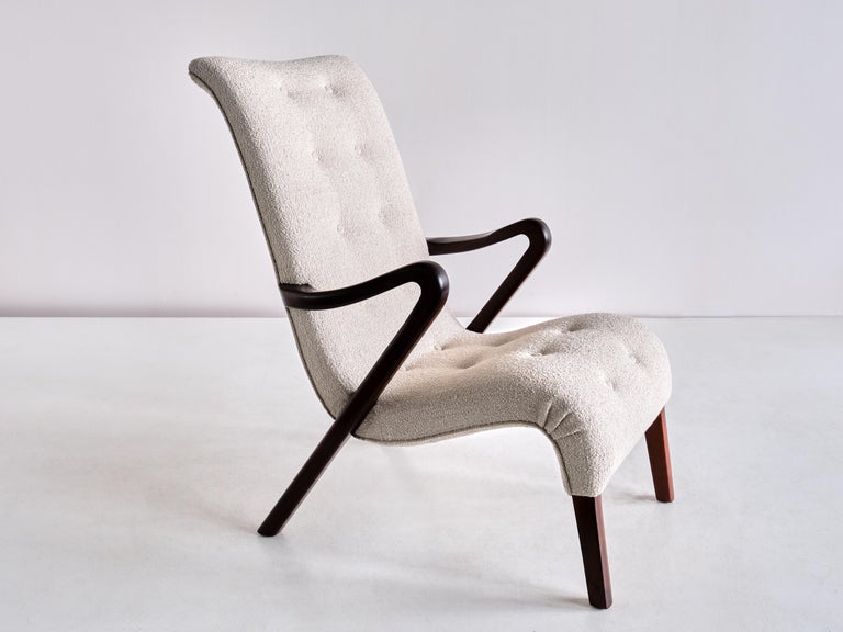 Mid-20th Century Axel Larsson Armchair in Bouclé and Mahogany, Sweden, 1940s For Sale