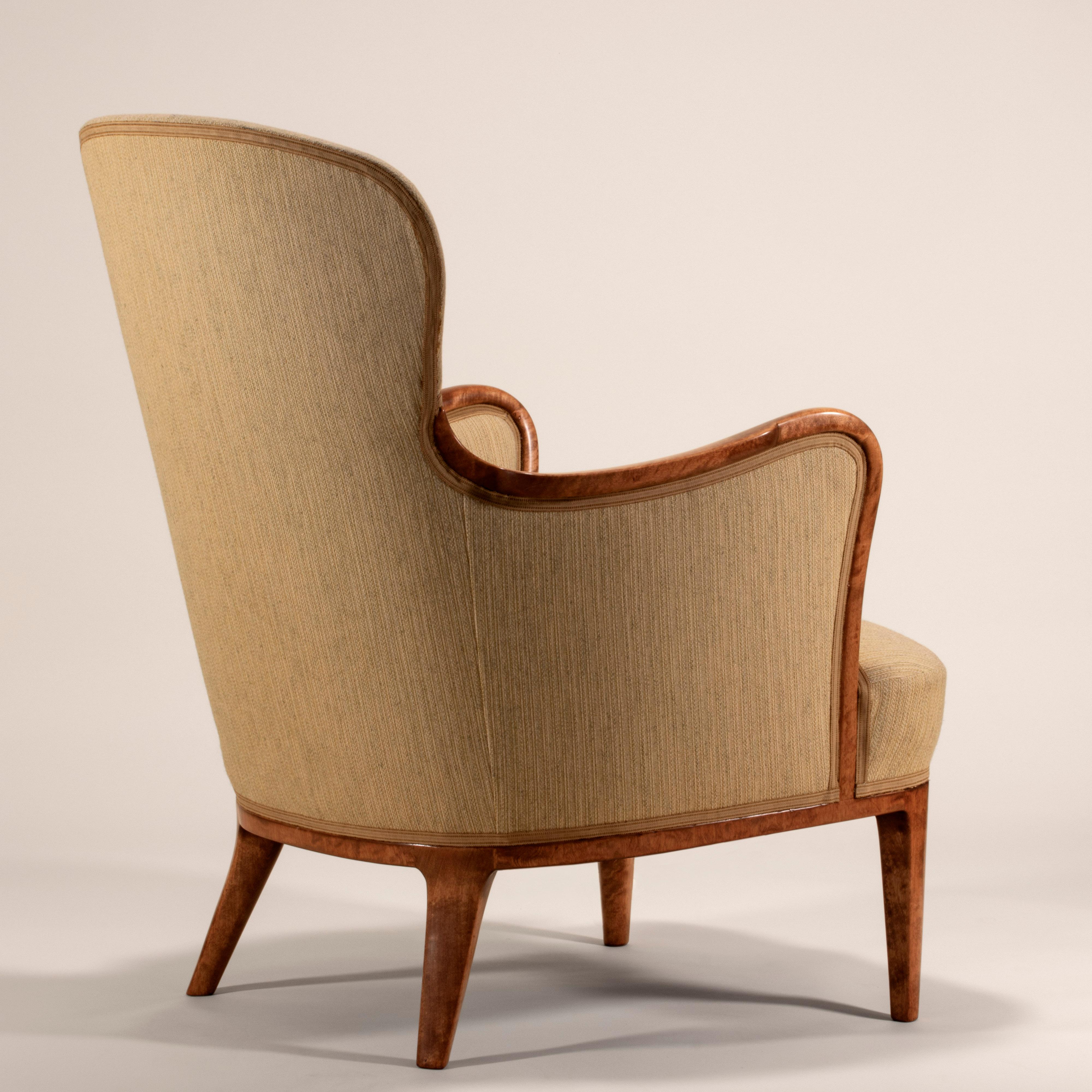 Axel Larsson for SMF Bodafors, Rare Swedish Modern Upholstered Birch Armchair In Good Condition In Philadelphia, PA