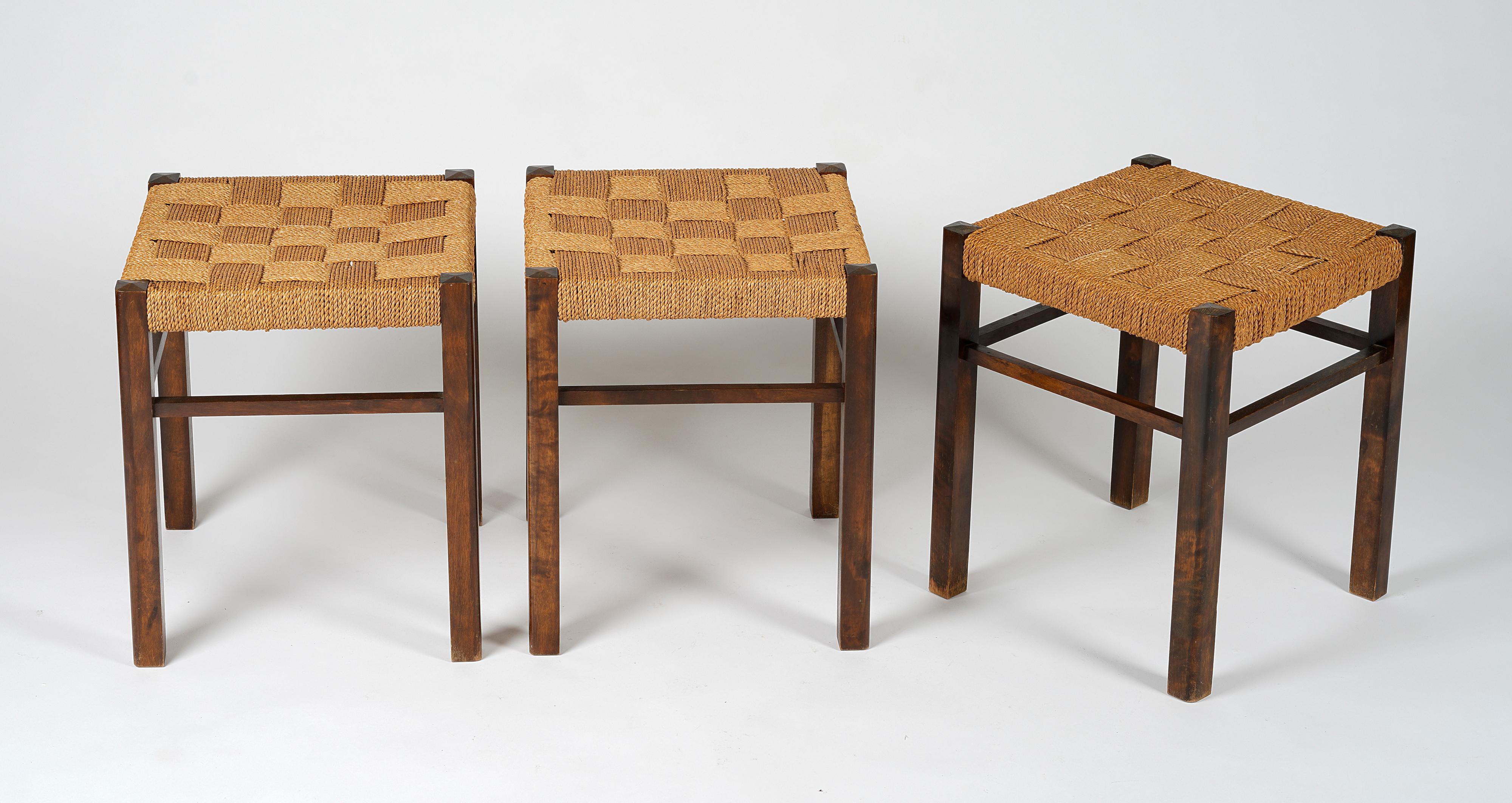Set of three stools in stained birch and woven seagrass. Designed by Axel Larsson and produced by Svenska Möbelfabriken, Bodafors in the 1930s.

The stools are in good original condition with light use wear.