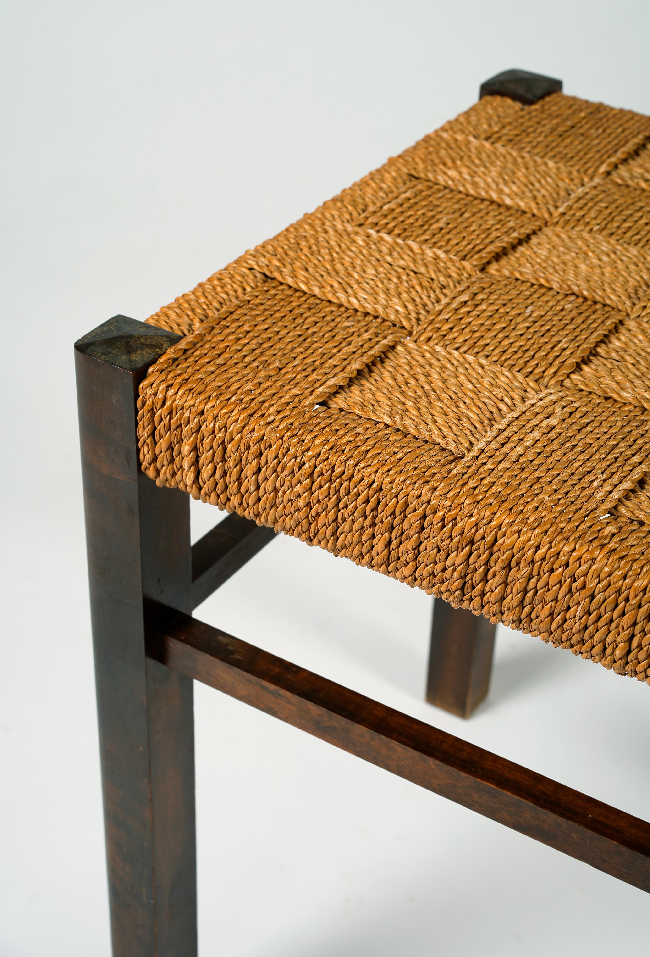 Axel Larsson, set of three stools in stained birch and woven seagrass, 1930s In Good Condition For Sale In Påarp, SE