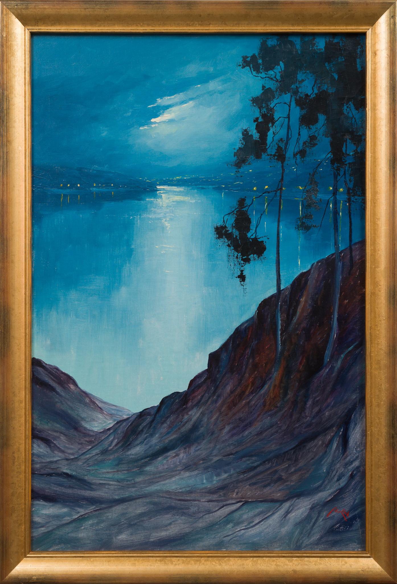 This captivating painting by the Swedish-Danish artist Axel Lind offers a serene and introspective view from the artist's studio on Lidingö, Stockholm. The composition skillfully draws the viewer's eye from the rugged cliffs and slender trees in the