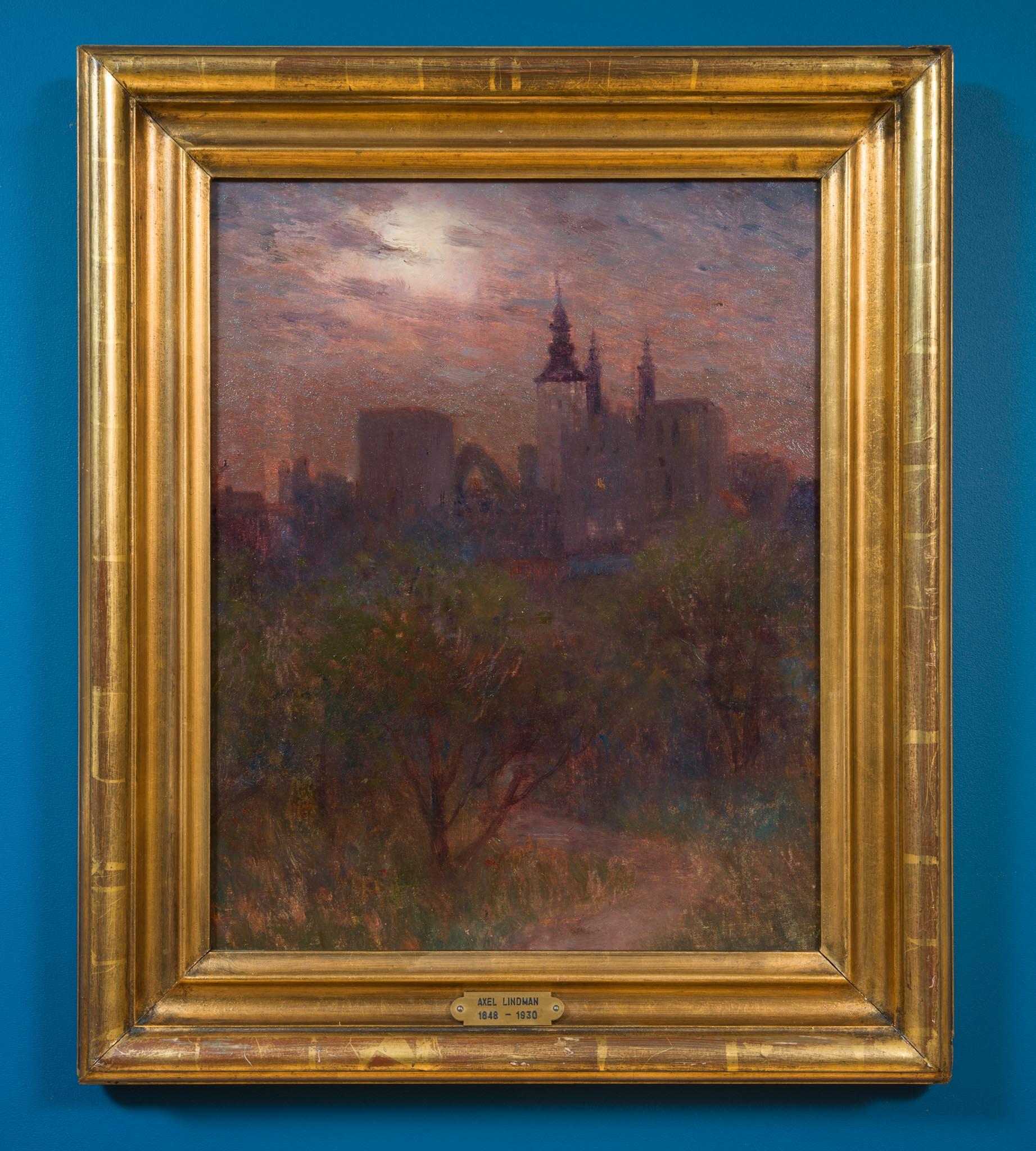Evening Sun, View of Visby, c. 1896 - Brown Landscape Painting by Axel Lindman