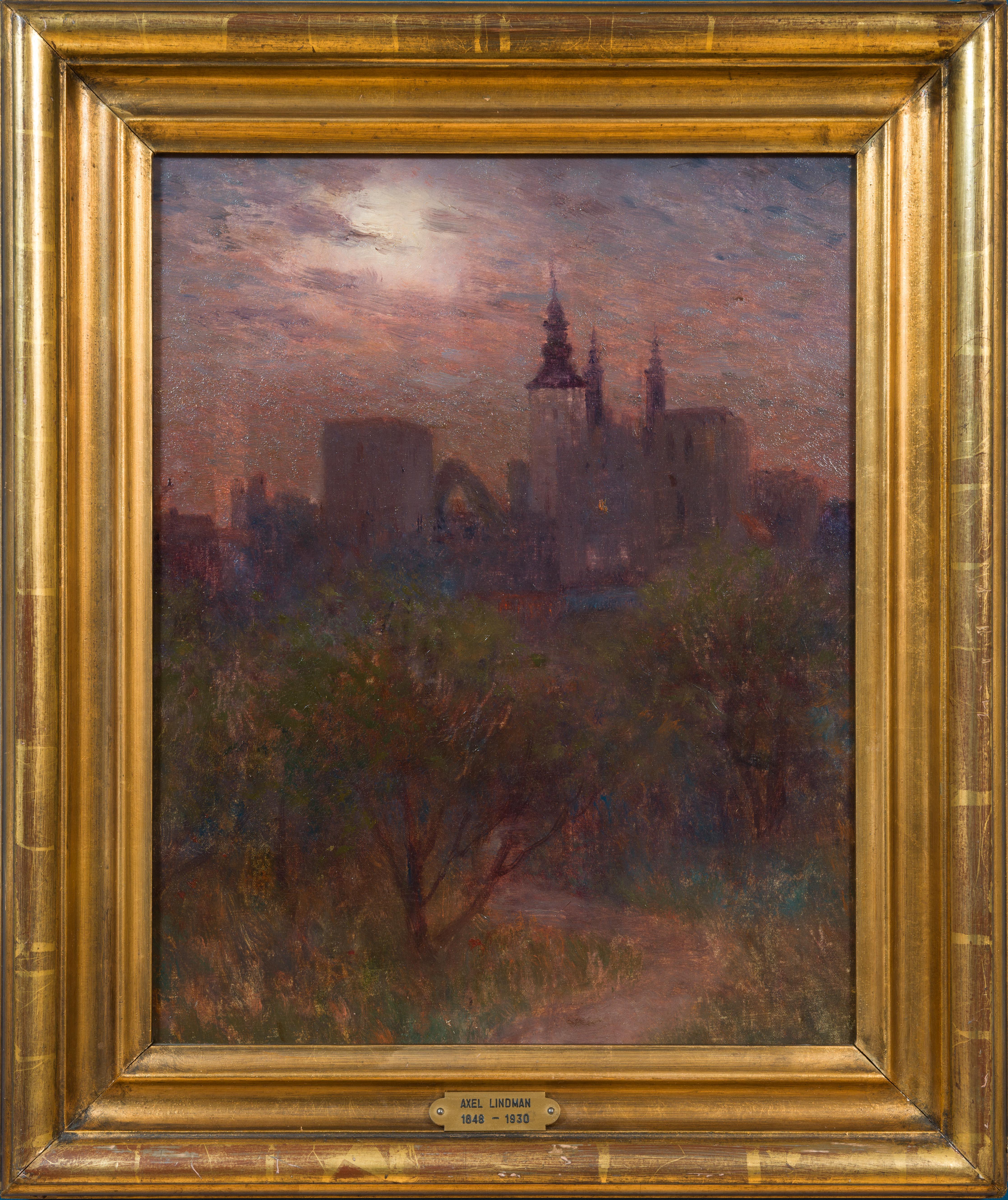 This evocative evening view of Visby by Axel Lindman captures Visby in the warm, fading light of the setting sun. Rendered with atmospheric sensitivity, the silhouette of Visby’s medieval skyline—its church towers and city walls—emerges softly