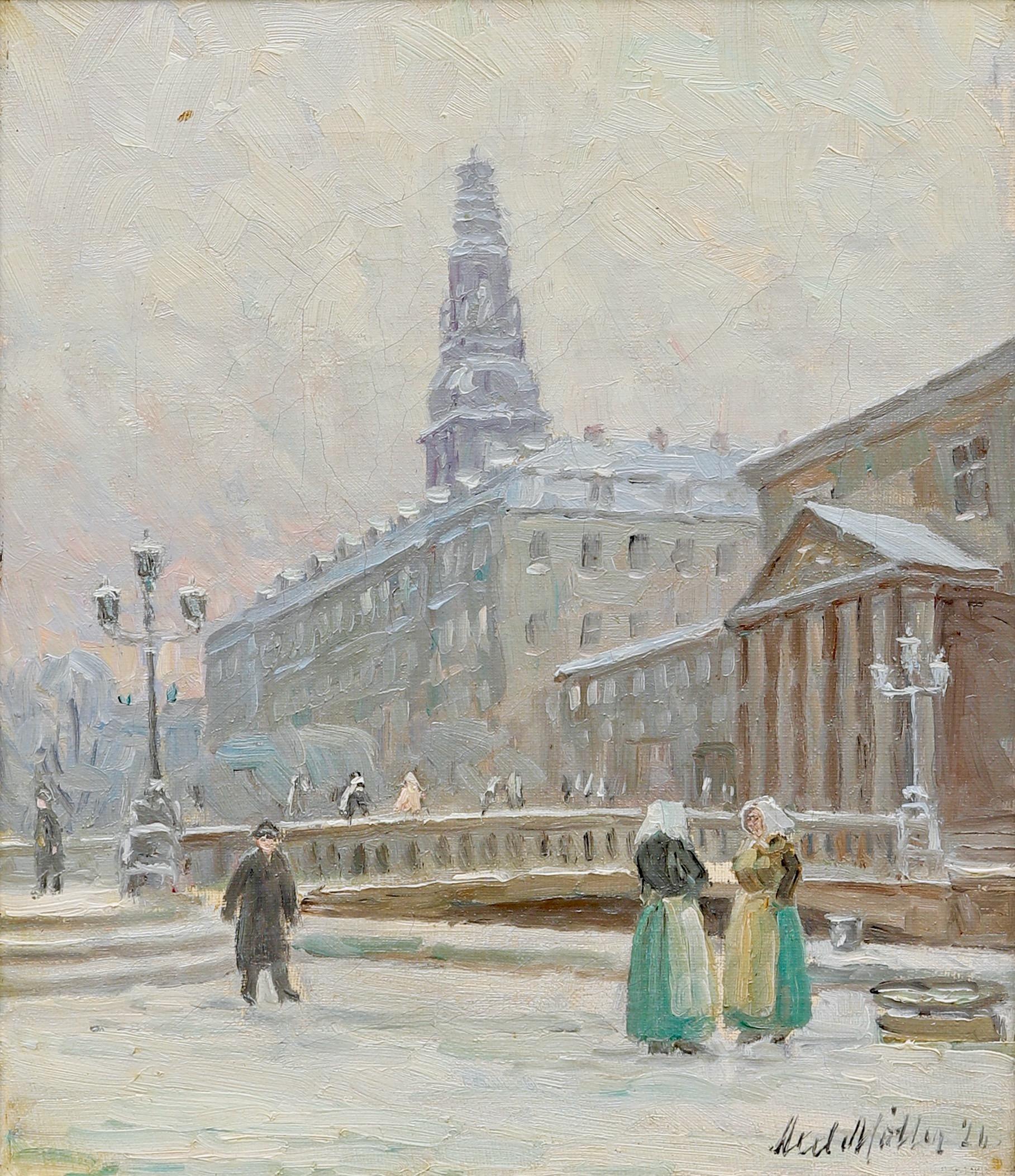 Højbro-Platz in Kopenhagen - Anfang 20. Jahrhundert Öl auf Leinwand – Painting von Axel Möller