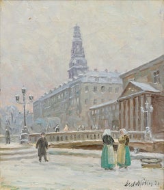 Højbro Plads Winter Scene, Oil on Canvas, Early 20th Century