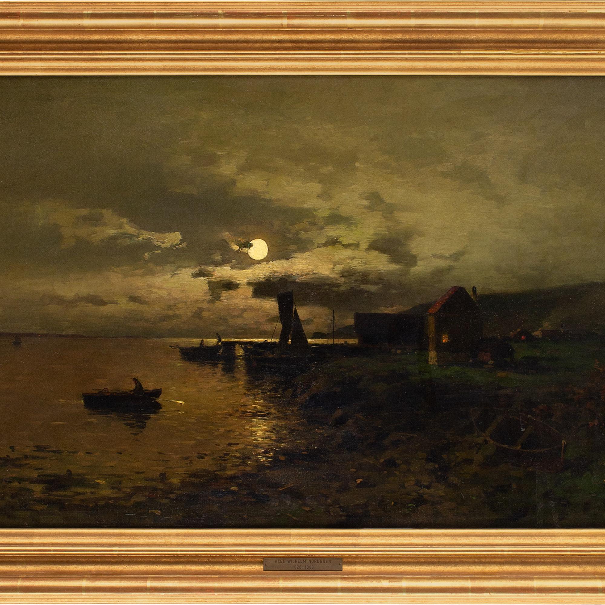 This 19th-century oil painting by Swedish artist Axel Nordgren (1828-1888) depicts a coastal scene under moonlight with cottages and small boats. It’s an accomplished work by a master of ‘mood painting’.

A calm serenade of peaceful tidal water