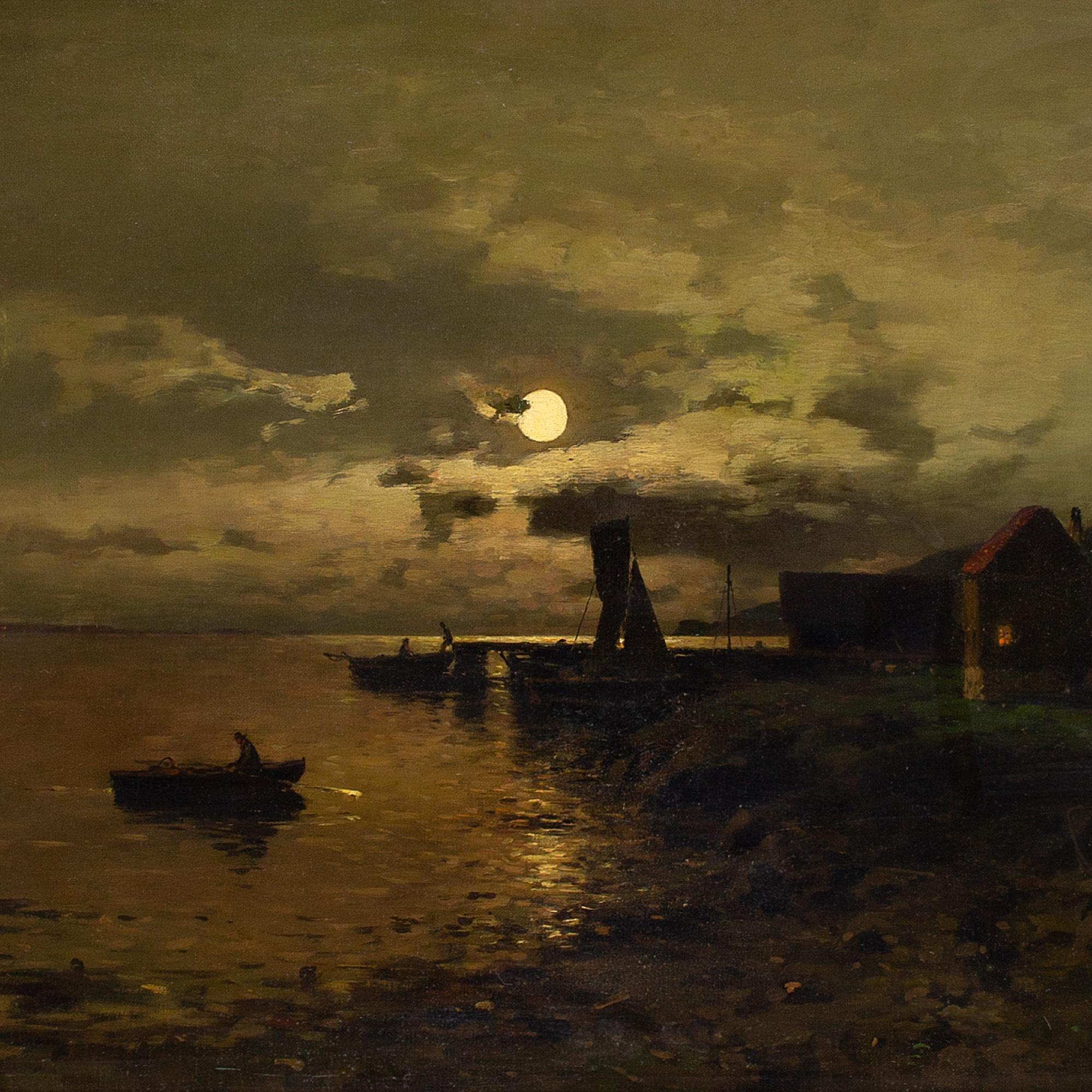 Axel Nordgren, Coastal Nocturne With Rowing Boats, Oil Painting 1