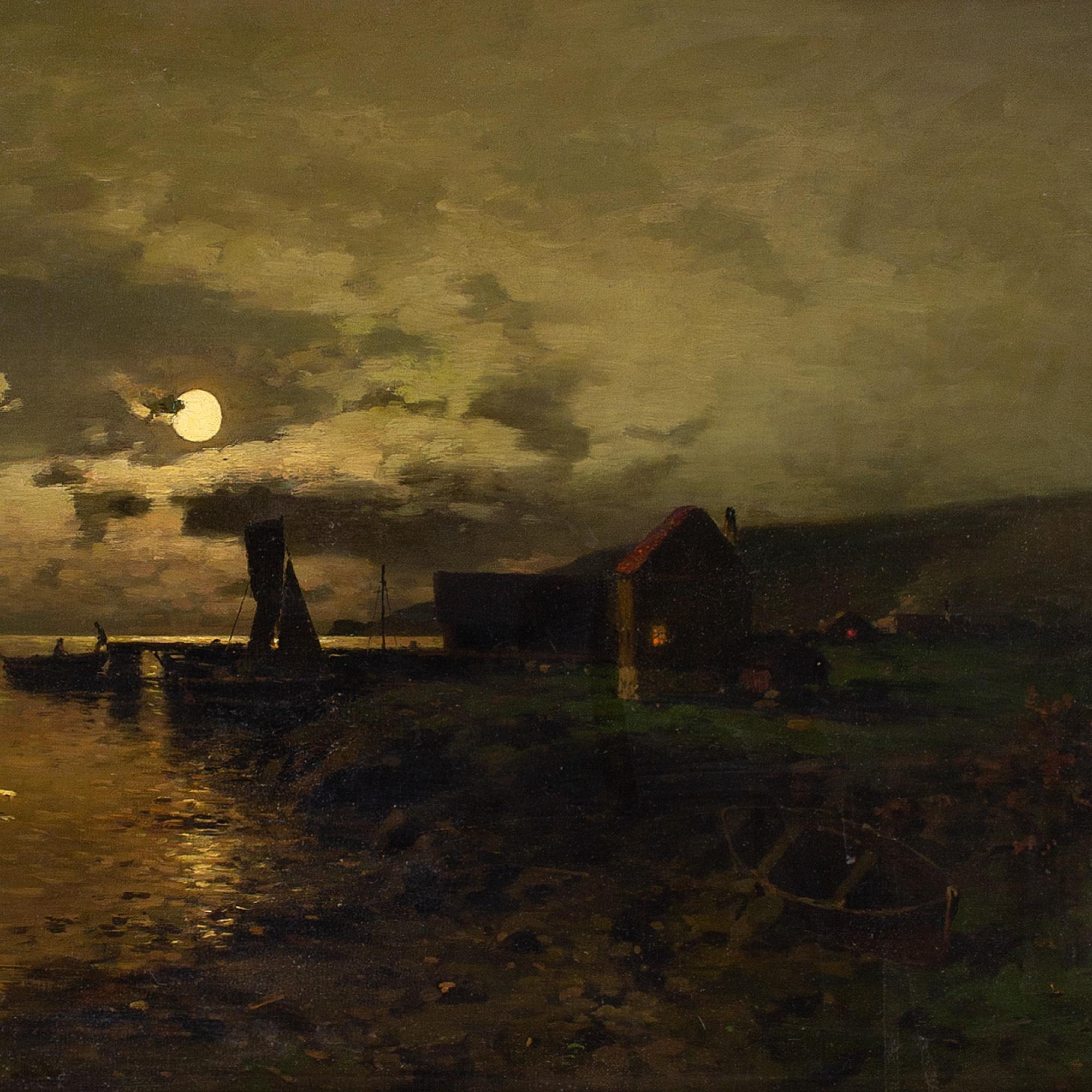 Axel Nordgren, Coastal Nocturne With Rowing Boats, Oil Painting 2