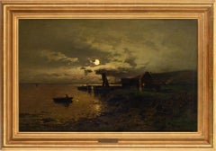 Antique Axel Nordgren, Coastal Nocturne With Rowing Boats, Oil Painting