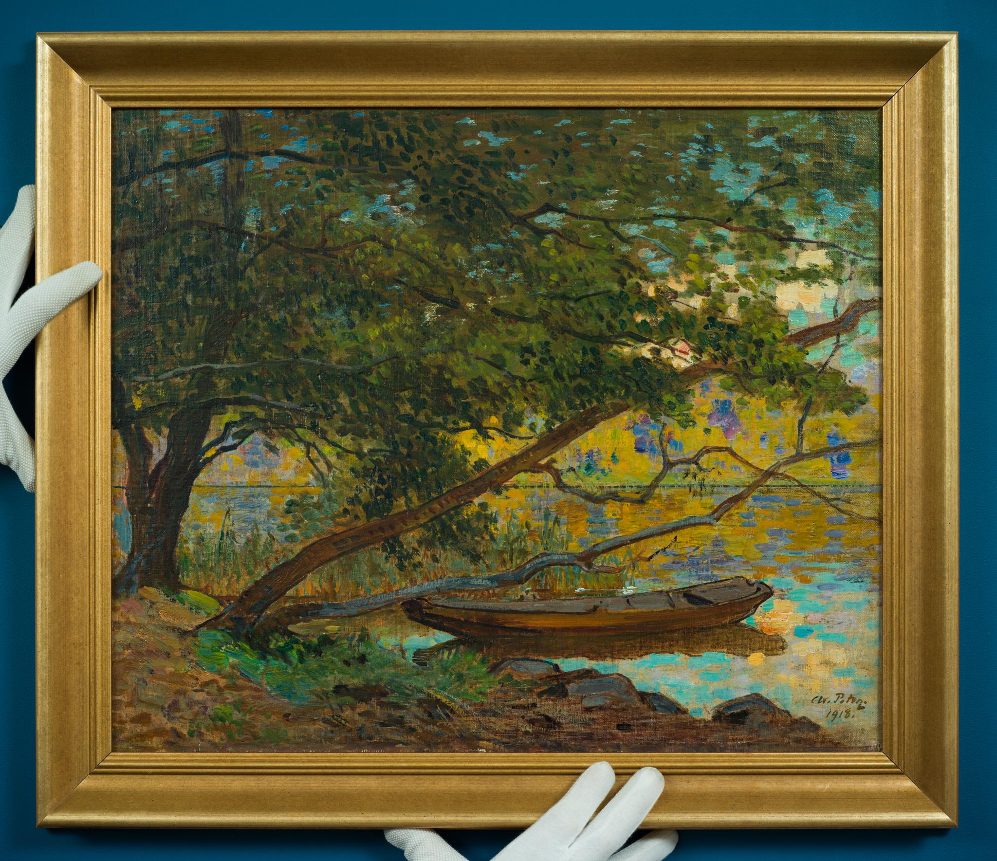 Barca a remi sotto gli alberi, 1918 - Painting di Axel Peter
