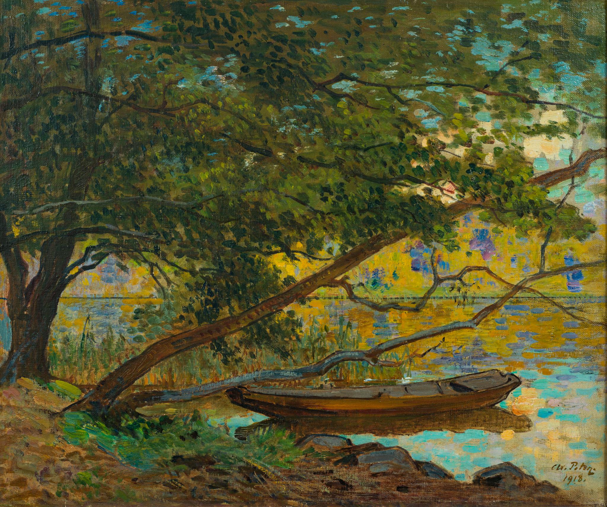 Barca a remi sotto gli alberi, 1918 - Painting Postimpressionismo di Axel Peter