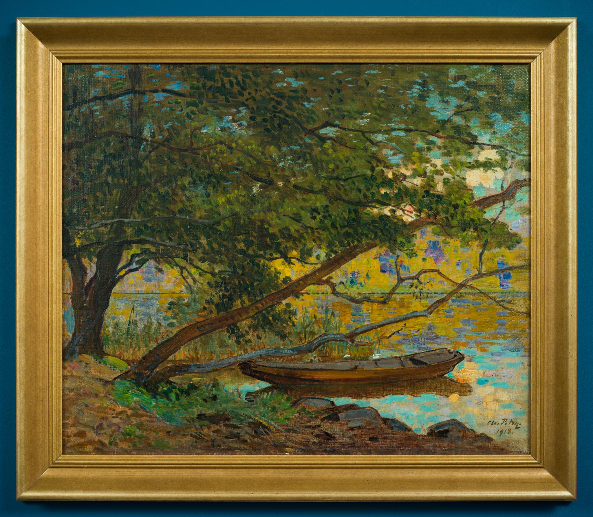 Barca a remi sotto gli alberi, 1918 - Landscape Painting Marrone di Axel Peter
