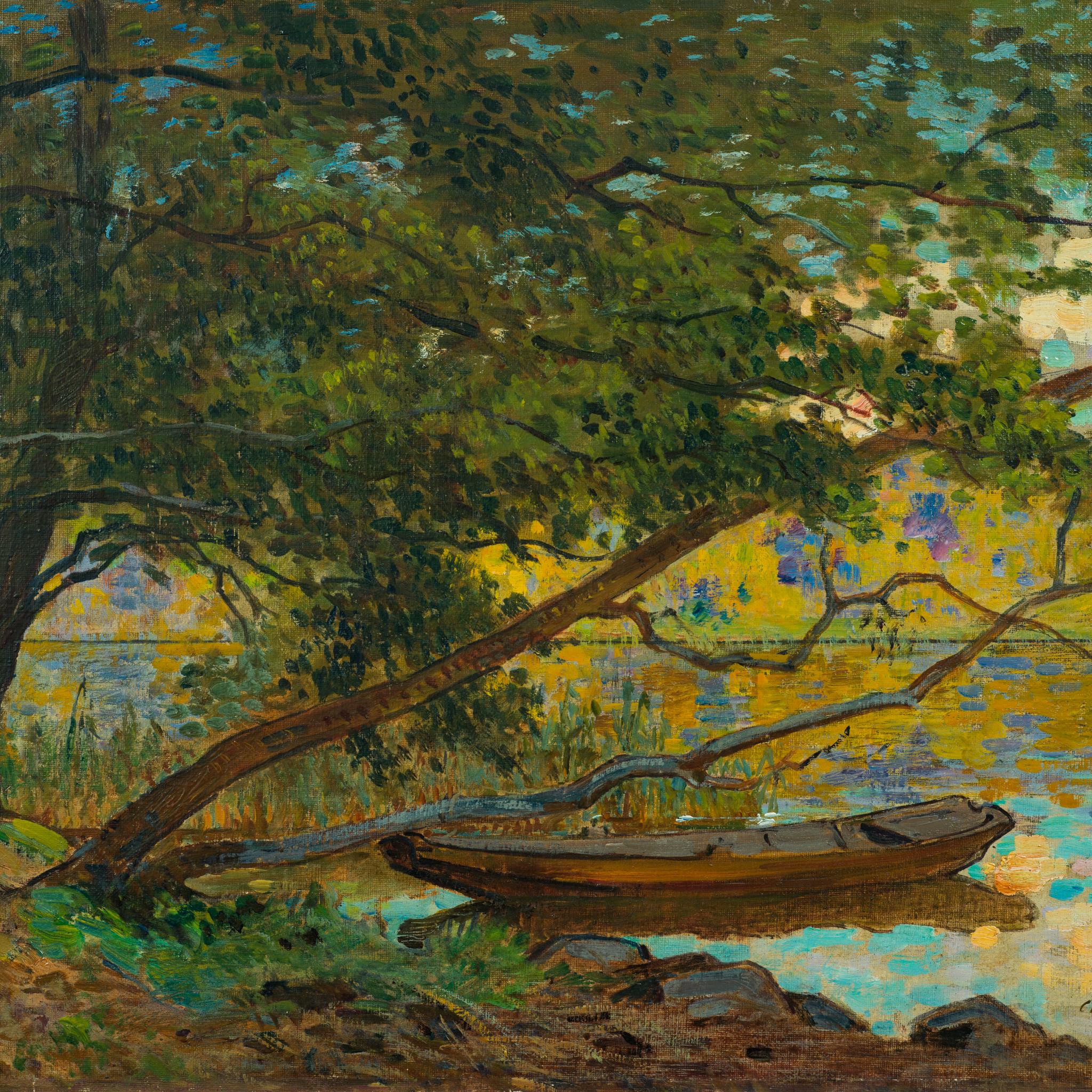 Questo suggestivo paesaggio di Axel Edvard Peters cattura la serena bellezza della natura con notevole abilità. Dipinta nel 1918, la scena raffigura una barca a remi in legno che riposa in acque tranquille sotto i rami protettivi di un albero