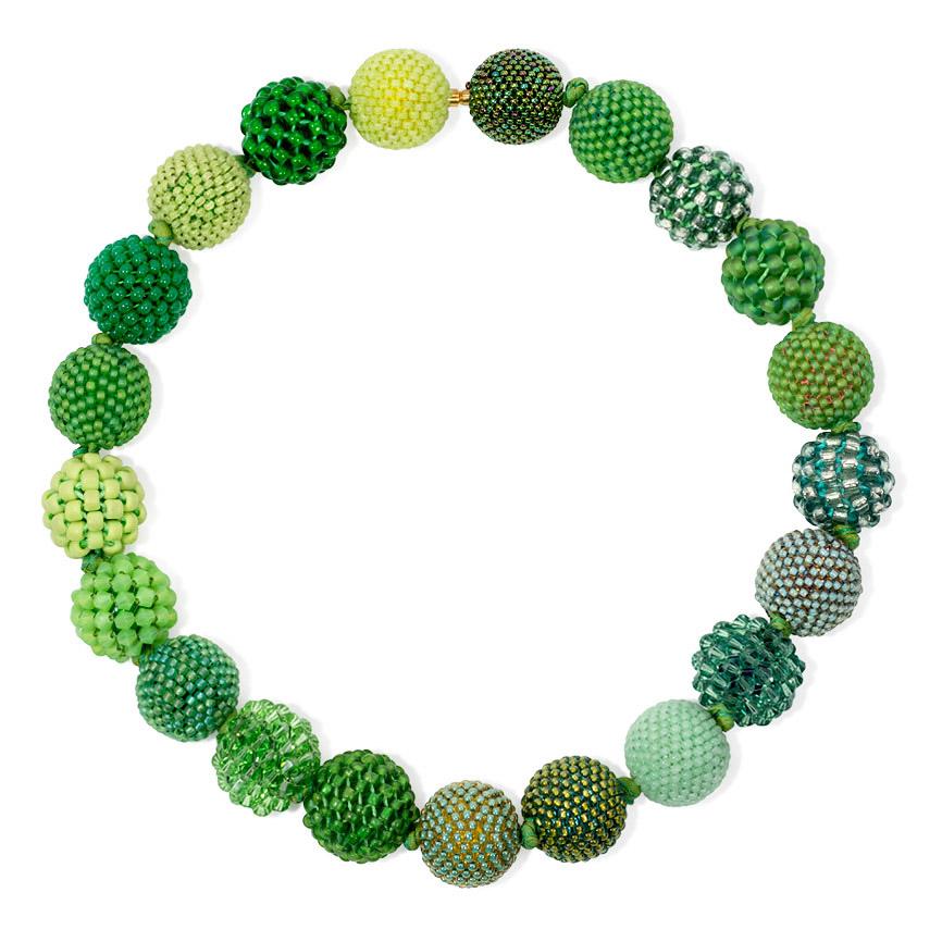 Women's or Men's Axel Russmeyer Beaded Ball Necklaces in Bronze, Green, and Golden Tones For Sale