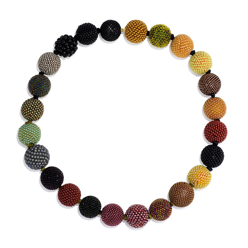 Artist Axel Russmeyer Beaded Ball Necklaces in Bronze, Green, and Golden Tones For Sale
