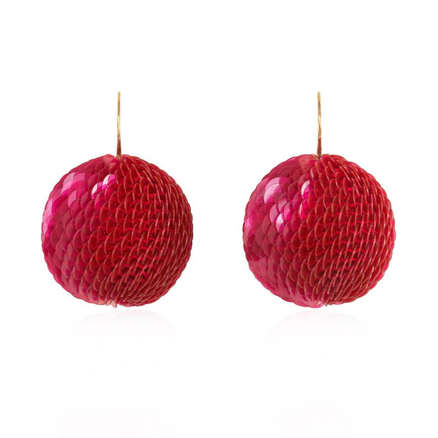 A pair of handmade sequined ball earrings in iridescent pink with gold openwork spherical surmounts, in 18k.  Axel Russmeyer, Germany.  Diameter of sequined ball: 15mm

Axel's jewelry is in the collections of world-renowned museums such as the