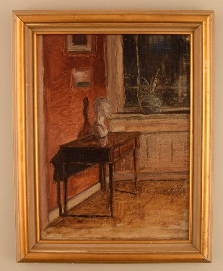Axel Salto (1889-1961). Oil on board. 
Living room interior. Dated 1908. 
Rare and early work by Salto.
The board measures: 32.5 x 23.5 cm.
The frame measures: 4 cm.
In excellent condition.
Signed and dated.
 