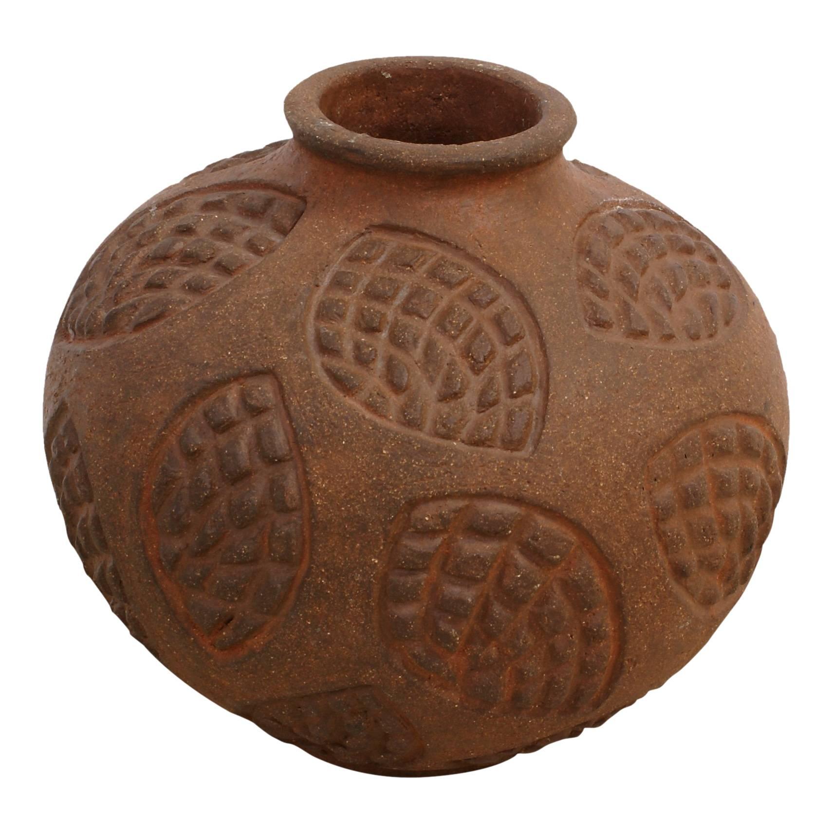 Axel Salto, circular roche stoneware vase. Modelled with leaf-shaped patterns. Signed Salto. Royal Copenhagen mark.
