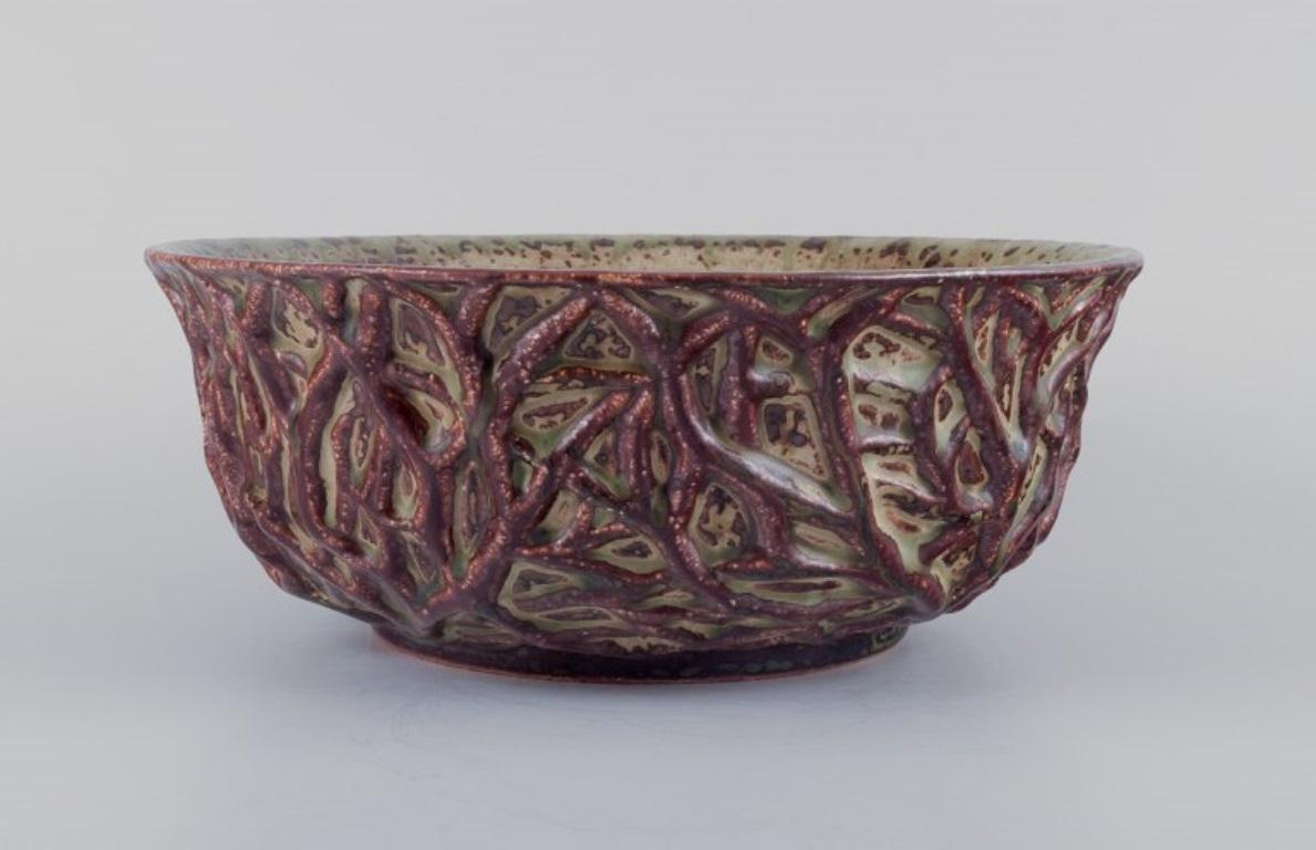 Ceramic Axel Salto for Royal Copenhagen. Large ceramic bowl designed with leaf patterns  For Sale