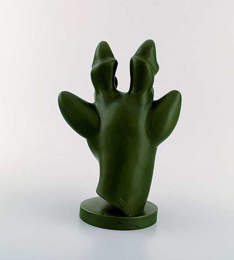 Danish Axel Salto for the Ipsens Widow, Art Deco Deer Head in Dark Green Glaze, 1930s