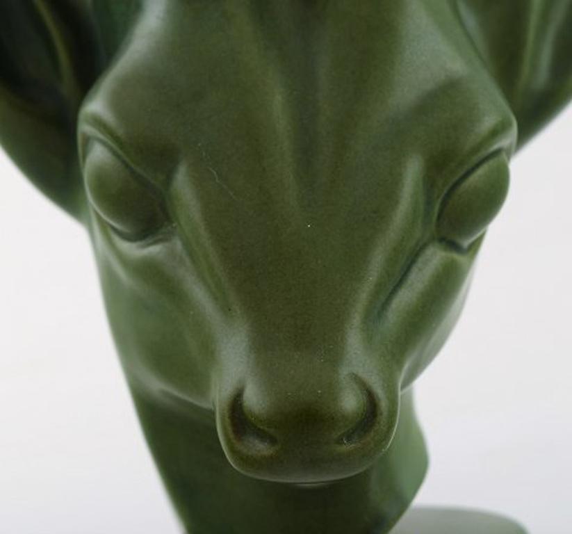Ceramic Axel Salto for the Ipsens Widow, Art Deco Deer Head in Dark Green Glaze, 1930s