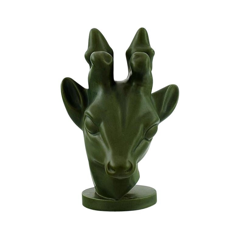 Axel Salto for the Ipsens Widow, Art Deco Deer Head in Dark Green Glaze, 1930s