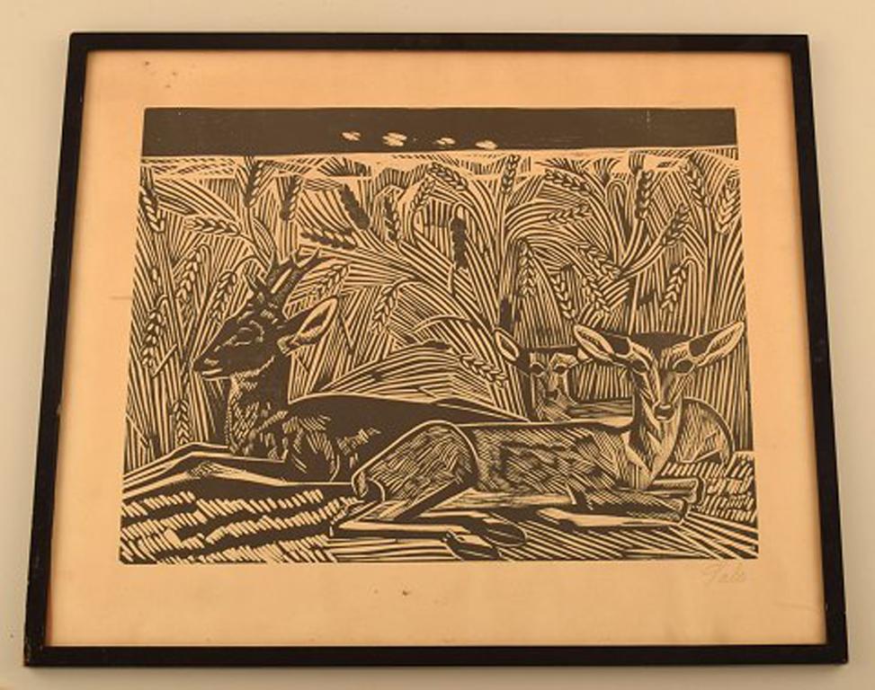 Axel Salto, lithograph. Deers lying in corn field.
In very good condition.
Hand signed in pencil.
Framed dimensions: 39 cm x 32 cm. Visible size: 32 cm x 25 cm. The frame measures: 1 cm.