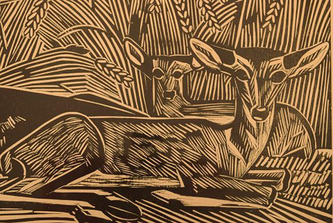 Art Deco Axel Salto, Lithograph, Deers Lying in Corn Field